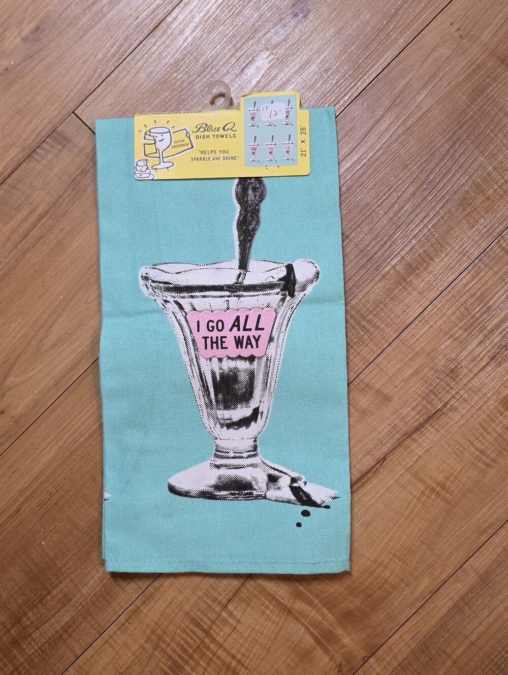 NEW Blue Q Dish Towel with Pink Sundae Graphic and 'I Go All The Way' Text